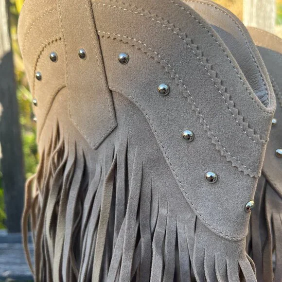 Forever Beige Faux New Suede/Leather Layered Fringe Boots, Size 9 - Picture 5 of 11